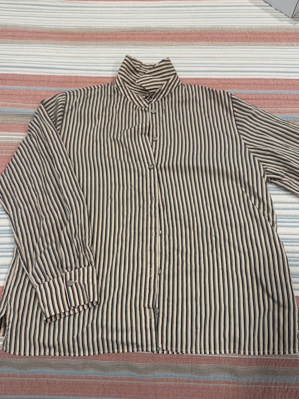 Zara Vertical Stripe Button-Down Shirt in Beige and Black